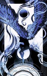  1other abstract barefoot black_wings border color_contrast demon_horns evie_(baoxiao) feathered_wings full_moon head_grab highres horns kim_dokja knees_up limited_palette male_focus moon official_alternate_costume omniscient_reader&#039;s_viewpoint ornate_border outside_border silhouette solo sun wings 