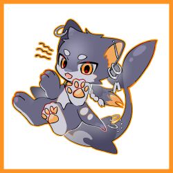  1boy black_fur black_hair body_fur border cetacean_tail chibi chibikemo commentary_request ear_piercing fin_piercing fins fish_tail full_body furry furry_male highres kashiwa_gnu long_hair looking_at_viewer male_focus orange_border orange_eyes orange_hair original piercing simple_background solo tail white_background 