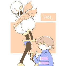  1boy 1other 2018 2d ambiguous_gender armor blue_shirt blue_shorts border brown_hair child digital_media double_horizontal_stripe duo frisk_(undertale) gloves height_difference holding_hands horizontal-striped_clothes human humanoid male mclw_suisei monster monster_boy orange_background orange_gloves orange_scarf papyrus_(undertale) pink_stripes scarf shirt short_hair shorts simple_background skeleton striped_clothes striped_shirt teeth two-tone_background two-tone_shirt undead undertale utdr_(toby_fox) white_armor white_border 