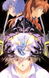  2girls ayanami_rei blue_eyes blue_hair bodysuit brown_hair closed_mouth eva_01 expressionless gloves grey_hair hair_between_eyes hair_ornament ikari_shinji interface_headset_(evangelion) mecha mecha_pilot_suit multiple_girls nagisa_kaworu neon_genesis_evangelion official_art plugsuit_(evangelion) red_bodysuit red_eyes robot short_hair souryuu_asuka_langley white_bodysuit yokota_mamoru 