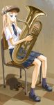  blue_eyes cabbie_hat dog hat instrument instruments long_hair necktie plaid plaid_skirt school_uniform shiden skirt tartan tuba 