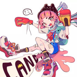  1girl animal_ear_headwear animal_ears animal_hat ankle_socks aqua_bag backpack bag bandaid bandaid_on_knee bandaid_on_leg bandaid_on_thigh banner beanie black_hat black_socks blue_shorts blunt_bangs boxing_gloves bright_pupils buckle buttons cat_hat clothes_writing dolman_(dm) dot_nose eyelashes fake_animal_ears floating_neckwear fringe_trim full_body gloves gradient_eyes happy hat high-waist_shorts korean_text light_blush looking_at_viewer multicolored_eyes open_mouth original outstretched_leg pink_eyes pink_hair punching red_gloves scarf shirt shoes short_hair short_sleeves shorts simple_background smile sneakers socks solo speech_bubble striped_clothes striped_scarf suspender_shorts suspenders t-shirt third-party_source translation_request two-tone_gloves white_background white_pupils white_scarf white_shirt white_shoes yellow_gloves 
