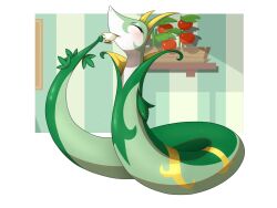  blush clip_studio_paint_(medium) closed_eyes cup drinking english_commentary full_body highres indoors moonlit-tear no_humans pokemon pokemon_(creature) pokemon_cafe_remix serperior solo teacup tomato 