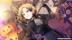  1girl artist_request balloon bang_dream! bat_(animal) black_dress blonde_hair bug copyright_notice dress globe halloween halloween_costume hand_on_own_hip highres holding holding_shovel indoors jack-o&#039;-lantern official_art pumpkin sato_masuki short_hair shovel silk smile solo spider spider_web upper_body yellow_eyes 