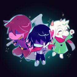  1boy 1girl 1other :d ^_^ aqua_background armlet armored_boots armored_gloves axe bare_arms bare_shoulders barefoot battle_axe belt black_background black_belt black_bodysuit black_hair black_jacket black_shoes blue_outline bodysuit boots bracelet cape chibi chibi_only circle_facial_mark closed_eyes colored_skin colored_teeth commentary covered_eyes deltarune faceless facing_viewer fang fewer_digits full_body furry furry_female furry_male genk1zam4s glasses goat_boy green-framed_eyewear green_robe grey_armor grey_boots grin hair_over_eyes halftone hand_on_own_hip hand_up heart heart_belt highres holding holding_axe horns jacket jewelry knee_boots kris_(dark_world)_(deltarune) kris_(deltarune) long_hair long_sleeves open_clothes open_jacket open_mouth outline outstretched_arm pants pink_cape pink_hair pink_horns pink_scarf pink_skin pointing pointing_at_viewer purple_shirt purple_trim ralsei red_pants reptile_girl robe round_eyewear scarf sharp_teeth shirt shoes short_hair simple_background skin_fang sleeveless sleeveless_jacket sleeveless_shirt small_horns smile sparkle spiked_armlet spiked_bracelet spikes standing standing_on_one_leg susie_(dark_world)_(deltarune) susie_(deltarune) symbol-only_commentary teeth two-tone_background utdr_(toby_fox) weapon white_fur yellow_teeth 