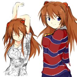  2girls arm_behind_head arm_up blue_eyes breasts canihavepromo chris-chan chris-chan_(cosplay) closed_eyes cosplay dual_persona hair_ornament highres looking_at_viewer medium_hair meme multicolored_clothes multicolored_sleeves multiple_persona necklace neon_genesis_evangelion orange_hair shirt short_sleeves simple_background sketch smile sonichu souryuu_asuka_langley striped striped_clothes striped_shirt sweater t-shirt troll_face white_background white_shirt white_sleeves 