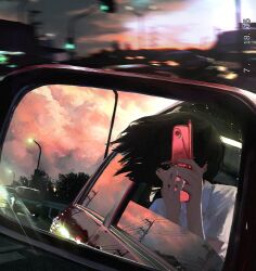  1girl black_hair car cellphone clouds cloudy_sky covering_face flip_phone holding holding_phone lamppost leaning_out_of_window mirror mirror_selfie motion_blur motor_vehicle orange_clouds original phone phone_over_face power_lines rear-view_mirror reflection reflection_focus road selfie shirt short_hair sky solo sunset timestamp utility_pole utwob0 white_shirt 