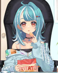  1girl ahoge bag_of_chips bare_shoulders black_choker blue_hair blue_jacket blush braid chair chips_(food) choker commentary_request earrings food hair_ornament hairclip heart heart_hair_ornament highres holding indoors jacket jewelry kiukoma long_sleeves looking_at_viewer multicolored_hair off_shoulder on_chair open_mouth orange_eyes potato_chips shiranami_ramune shiranami_ramune_(1st_costume) sitting solo two-tone_hair virtual_youtuber vspo! white_hair 