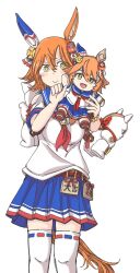  +_+ 1girl animal_ears backpack bag bead_bracelet beads blue_skirt blush bracelet character_doll closed_mouth clover_hair_ornament daruma_doll doll ear_covers ema four-leaf_clover_hair_ornament good_fortune_symbol hachidori_(ippatsuya) hair_between_eyes hair_ornament highres holding horse_ears horse_girl horse_tail jewelry looking_at_viewer maneki-neko matikanefukukitaru_(rising_fortune)_(umamusume) matikanefukukitaru_(umamusume) neckerchief orange_hair pleated_skirt red_neckerchief sailor_collar shirt short_hair simple_background single_ear_cover skirt smile solo tail thigh-highs umamusume white_background white_shirt white_thighhighs zettai_ryouiki 