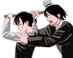  1boy 1girl :o absurdres axe black_hair black_sweater black_sweater_vest collared_shirt commentary_request cousins from_side futsuu_no_keion-bu grey_shirt hair_ornament hairpin highres holding holding_axe kouyama_rin long_sleeves looking_at_another nervous_sweating open_mouth panicking pixie_cut profile qrioic74 shirt short_hair simple_background small_pupils sweat sweater sweater_vest taguchi_ryuuya upper_body white_background 