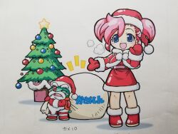  1boy 1girl belt blue_eyes boots breath brown_belt capelet chibikemo christmas christmas_ornaments christmas_tree commentary copyright_name dress fake_beard fake_facial_hair full_body fur-trimmed_boots fur-trimmed_capelet fur-trimmed_dress fur-trimmed_jacket fur_trim furry furry_male hand_up hat highres holding holding_sack jacket kameari_shinkin_bank kokomahi looking_at_viewer mittens notice_lines official_art one_eye_closed pants pink_hair pom_pom_(clothes) red_boots red_capelet red_dress red_eyes red_hat red_jacket red_mittens red_pants sack santa_costume santa_hat simple_background standing traditional_media tree-topper turtle turtle_boy twintails white_background yumeka_(kameari_shinkin_bank) yuuki_(kameari_shinkin_bank) 