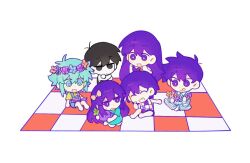  2girls 4boys :d :q ^_^ absurdly_long_hair antenna_hair aqua_dress aqua_hair aubrey_(headspace)_(omori) aubrey_(omori) bare_arms bare_legs bare_shoulders barefoot basil_(headspace)_(omori) basil_(omori) black_eyes black_hair black_shirt blue_eyes blue_flower blue_overalls book book_on_lap bright_pupils brother_and_sister brothers buttons checkered_clothes checkered_shirt chibi chibi_only chinese_commentary closed_eyes closed_mouth collared_shirt colored_skin commentary_request crossed_arms double-parted_bangs dress empty_eyes facing_another finger_to_cheek flower flower_wreath frown full_body gongs0313 green_shirt grin hair_behind_ear hair_between_eyes hand_on_own_cheek hand_on_own_face head_wreath hero_(headspace)_(omori) hero_(omori) holding holding_stuffed_toy holding_wreath indian_style jitome kel_(headspace)_(omori) kel_(omori) knees_apart_feet_together long_hair long_sleeves looking_at_another looking_down mari_(headspace)_(omori) mari_(omori) mr._plantegg_(omori) multiple_boys multiple_girls neckerchief no_pupils omori omori_(omori) open_book open_mouth overall_shorts overalls pale_skin pants picnic_blanket pinstripe_pants pinstripe_pattern pinstripe_shirt purple_flower purple_hair purple_rose purple_shorts purple_sweater_vest red_flower red_neckerchief rose shirt short_dress short_hair short_sleeves shorts siblings simple_background sitting sleeveless sleeveless_shirt smile stuffed_eggplant stuffed_toy sweatdrop sweater_vest tongue tongue_out v-shaped_eyebrows very_long_hair very_short_hair violet_eyes white_background white_pants white_pupils white_shirt white_skin 