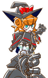  1girl black_capelet black_gloves black_hat black_skirt blue_eyes bow braid capelet commentary_request cookie_(touhou) cowboy_shot fighting_stance gloves hat highres itini-sanshi kirisame_marisa looking_at_viewer mecha_musume meguru_(cookie) open_mouth orange_hair purple_bow robot_girl short_hair side_braid simple_background single_braid skirt solo touhou white_background witch_hat 
