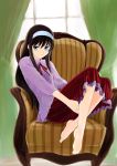 barefoot blue_eyes brown_hair chair crazy_clover_club feet hairband leg_hug long_hair shirotsumekusa sitting skirt smile tohno_akiha toono_akiha tsukihime