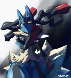  artist_name black_background blood blood_on_face cowboy_shot grey_background highres looking_at_viewer lucario mega_lucario mega_pokemon niku1441 pokemon pokemon_(creature) shoulder_spikes simple_background slit_pupils solo spikes white_background yellow_eyes 