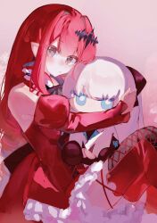  1girl baobhan_sith_(fate) boots character_doll detached_sleeves doll dress fate/grand_order fate_(series) frilled_dress frills grey_eyes hair_ornament highres hug kamu_017 looking_at_viewer morgan_le_fay_(fate) pointy_ears red_dress sidelocks sitting thigh_boots 