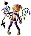  bare_shoulders blonde_hair boots choker cosplay disgaea disgaea_1 elbow_gloves etna etna_(cosplay) flandre_scarlet flat_chest gloves hat laevatein looking_at_viewer makai_senki_disgaea midriff miniskirt navel open_mouth purple_legwear red_eyes sd-sos side_ponytail simple_background skirt solo thighhighs touhou white_background wings 