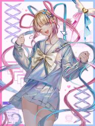  1girl ;d absurdres blonde_hair blue_bow blue_eyes blue_hair blue_serafuku blue_shirt blue_skirt border bow chouzetsusaikawa_tenshi-chan commentary cowboy_shot cursor hair_bow hair_ornament hands_up heart heart_hair_ornament heikokuru1224 highres holographic_clothing long_hair long_sleeves looking_at_viewer multicolored_hair multiple_hair_bows needy_girl_overdose one_eye_closed open_mouth pink_bow pink_hair pleated_skirt purple_bow quad_tails sailor_collar school_uniform serafuku shirt skirt smile solo standing window_(computing) yellow_bow 