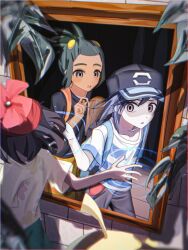  1girl 3boys backpack bag baseball_cap beanie black_hair black_shirt blonde_hair blue_eyes blush capri_pants dark-skinned_male dark_skin different_reflection elio_(pokemon) floral_print gladion_(pokemon) green_shorts grey_eyes hat hau_(pokemon) mirror multiple_boys open_mouth orange_shorts pants pokemon pokemon_sm red_hat reflection rendezvous_1220 selene_(pokemon) shirt short_hair short_sleeves shorts striped_clothes striped_shirt t-shirt yellow_shirt yellow_shorts 
