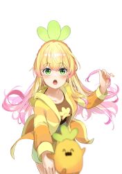  1girl ^_^ absurdres blonde_hair blurry blurry_foreground blush brown_shirt closed_eyes fang gradient_hair green_eyes hairband heart heart_in_eye highres holding_hands hololive long_hair looking_at_viewer momosuzu_nene multicolored_hair nail_polish nekko_(momosuzu_nene) official_alternate_costume official_alternate_hairstyle open_mouth orange_hairband orange_nails orange_pajamas pajamas pink_hair shirt sidelocks simple_background soredmaru surprised symbol_in_eye teeth upper_teeth_only virtual_youtuber white_background 