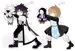  1boy 1other ^_^ absurdres alternate_universe ankle_boots antenna_hair apron armor arrow_(symbol) black_boots black_dress black_gloves black_hair black_pants blue_apron blunt_bangs bob_cut boots brown_hair buttons cape chinese_commentary closed_eyes closed_mouth coat commentary_request dress dual_persona elbow_gloves epictale flower frilled_dress frills frisk_(undertale) full_body gloves grey_armor halftone halftone_background hanbaobaobaozhu high_heel_boots high_heels highres knee_boots long_sleeves low_ponytail medium_dress medium_hair open_clothes open_coat outstretched_arms pants ponytail puffy_long_sleeves puffy_pants puffy_sleeves purple_flower sample_watermark sans_(undertale) scar scar_across_eye scar_on_face short_hair simple_background smile sparkle standing striped_apron striped_clothes two-tone_apron u_u undertale utdr_(toby_fox) watermark white_apron white_background white_cape white_coat white_pants xtale 