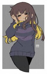  +_+ 1girl adversarial_noise aged_up arm_behind_back black_eyes black_pants blonde_hair blush breasts bright_pupils brown_hair colored_inner_hair contrapposto cropped_torso crossed_bangs earrings expressionless frisk_(undertale) genderswap genderswap_(otf) grey_background grey_sweater hair_between_eyes hand_on_own_cheek hand_on_own_face hand_up highres jewelry long_hair long_sleeves looking_at_viewer medium_breasts mr0x0 multicolored_hair pants parted_lips puffy_long_sleeves puffy_sleeves purple_sweater simple_background single_empty_eye solo sparkle_earrings striped_clothes striped_sweater sweater teeth turtleneck turtleneck_sweater two-tone_hair two-tone_sweater undertale unusually_open_eyes upper_teeth_only utdr_(toby_fox) white_pupils 