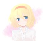  1girl alice_margatroid blonde_hair blue_eyes blush casual hairband light_smile myama short_hair solo touhou 