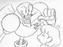  1boy 1other 2015 2d ambiguous_gender armor cape child duo frisk_(undertale) gloves graphite_(medium) height_difference human humanoid male monochrome monster monster_boy papyrus_(undertale) shirt short_hair shorts simple_background skeleton teeth third-party_source traditional_media undead undertale utdr_(toby_fox) white_background zach_eisenman 