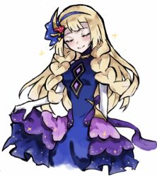  1girl blonde_hair blue_dress blue_hairband braid closed_eyes closed_mouth dress elbow_gloves flower gala_dress gloves gradient_clothes gradient_dress hair_flower hair_ornament hairband headband highres lillie_(anniversary_2021)_(pokemon) lillie_(pokemon) long_hair official_alternate_costume pokemon pokemon_masters_ex purple_headband red_flower simple_background sino_(pcxg4558) sleeveless sleeveless_dress smile star_(symbol) twin_braids upper_body white_background white_gloves 