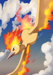  animal_focus beak bird black_eyes closed_mouth clouds fiery_hair fiery_tail fiery_wings fire flame-tipped_tail flying highres kou11021301 moltres no_humans pokemon pokemon_(creature) pokemon_focus sky tail wings 