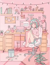  1girl aqua_hair aqua_shorts bare_legs barefoot bedroom book bowl cable cameo cardcaptor_sakura carpet chair commentary computer copyright_request crumpled_paper cup desk desk_lamp drawer drinking_glass electrical_outlet english_commentary feet figure full_body happy hatsune_miku headphones highres holding holding_notepad holding_pen indoors kaname_madoka kinomoto_sakura knees_up lamp laptop listening_to_music mahou_shoujo_madoka_magica mahou_shoujo_madoka_magica_(anime) messy_hair monitor morgana_(persona_5) nemupan notepad office_chair on_chair original pen pencil persona persona_5 pink_shirt plant poster_(object) potted_plant rug shelf shirt short_hair short_sleeves shorts shoujo_kakumei_utena sitting solo swivel_chair t-shirt tenjou_utena toes trash_can utensil vocaloid writing 