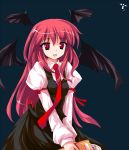  alphes_(style) armband bat_wings book bookmark cameo crescent hat head_wings headwings ideolo koakuma long_hair necktie open_mouth parody patchouli_knowledge purple_hair red_eyes red_hair redhead simple_background skirt smile solo style_parody touhou v_arms very_long_hair vest wings 