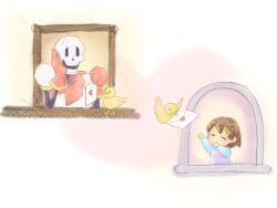  1boy 1other 2019 2d 716fluffybunny ambiguous_gender animal armor bird bird_that_carries_you_over_a_disproportionately_small_gap blue_shirt blue_shorts brown_hair cape child digital_media double_horizontal_stripe frisk_(undertale) gloves heart heart_background height_difference highres holding holding_letter horizontal-striped_clothes human humanoid letter love_letter male monster monster_boy papyrus_(undertale) pink_background pink_stripes red_cape red_gloves shirt short_hair shorts simple_background skeleton striped_clothes striped_shirt teeth trio two-tone_background two-tone_shirt undead undertale utdr_(toby_fox) white_armor white_background window 
