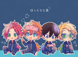 4boys ? akehoshi_subaru arm_up arms_between_legs bangs_pinned_back black_hair blonde_hair blue-framed_eyewear blue_background blue_eyes blue_pajamas chibi chibi_only closed_mouth ensemble_stars! eye_mask full_body green_eyes hair_between_eyes hand_on_own_knee hidaka_hokuto highres holding holding_mask isara_mao looking_at_viewer male_focus mask multiple_boys open_mouth orange_hair pajamas parted_bangs red_hair short_hair sitting smile star_(symbol) trickstar_(ensemble_stars!) yuuki_makoto_(ensemble_stars!) zu_tonatuyasumi 