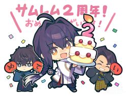  1other 2boys ahoge anniversary arai_sukenoshin_(fate) black_hair black_hakama black_haori braid cake checkered_clothes checkered_kimono chibi chibi_only confetti fate/samurai_remnant fate_(series) food hakama hand_fan haori holding holding_fan japanese_clothes katana kimono miyamoto_iori_(fate) multiple_boys orange_eyes paper_fan parted_bangs saipaco sheath sheathed sidelocks single_braid sword sword_on_back topknot uchiwa waraji weapon weapon_on_back yamato_takeru_(fate) 