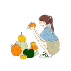  1girl artist_name blue_shirt brown_hair brown_skirt closed_mouth commentary_request elbows_on_knees from_side full_body hair_tie high_ponytail highres holding holding_pumpkin lisa_(illustsan430) long_hair looking_at_object original ponytail profile pumpkin shirt shoes short_sleeves signature simple_background skirt smile sneakers solo squatting suspender_skirt suspenders white_background white_shoes wide_sleeves 