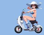  1280x1024 brown_hair hat motor_vehicle motorcycle open_mouth scooter shoes short_hair sideboob sneakers swimsuit vehicle wallpaper yoshizaki_mine 