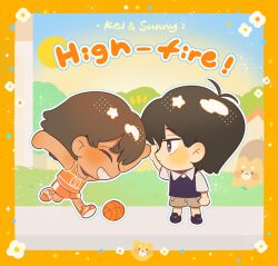  &gt;_&lt; 20025950_(lofter) 2boys :3 :d ^_^ animal antenna_hair arm_at_side bare_arms bare_shoulders black_eyes black_hair black_shoes black_sweater_vest blue_sky blush border bright_pupils brown_dog brown_hair brown_shorts character_name chibi chibi_only closed_eyes closed_mouth collared_shirt commentary dark-skinned_male dark_skin dog doghouse english_text expressionless face-to-face facing_another flower from_side full_body grass grin hair_behind_ear hair_between_eyes halftone hand_up hector_(omori) high_five highres jitome kel_(faraway)_(omori) kel_(omori) loafers looking_at_another male_focus multiple_boys no_fingers omori orange_border orange_shoes orange_shorts orange_tank_top outdoors outline profile scene_reference shirt shoes short_hair short_sleeves shorts simple_background sky smile sneakers standing standing_on_one_leg sun sunny_(omori) sweater_vest symbol-only_commentary tank_top tree white_flower white_outline white_pupils white_shirt white_trim 