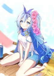  absurdres asobineko_(neko_irastonyan) between_legs blue_bow blue_bra blue_eyes blue_hair blue_ribbon blue_scarf blue_shorts blue_sweater bottle bow bra flower gym gym_uniform hair_between_eyes hair_flower hair_ornament hand_between_legs highres jacket jacket_on_shoulders kousetsu_samonji_(tenka_hyakken) light_blush personification ribbon scabbard scarf see-through_clothes see-through_shirt sheath shirt shoes shorts side_ponytail sidelocks sitting snowflake_ornament sportswear sweatdrop sweater tenka_hyakken tied_shirt underwear untied_shoelaces wariza water_bottle white_shirt white_shoes wooden_floor 