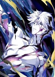  1boy blue_eyes cracked_skin curtained_hair falling highres kasashii male_focus nice_(to_be_hero_x) no_shirt outstretched_arm reaching scene_reference solo to_be_hero to_be_hero_x white_hair 