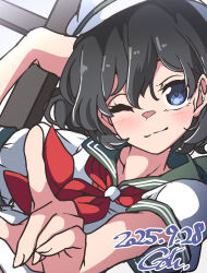  2025 absurdres anchor black_hair blue_eyes collared_shirt dated gokuu_(acoloredpencil) highres holding holding_anchor index_finger_raised murasa_minamitsu neckerchief one-hour_drawing_challenge outstretched_arm red_neckerchief shirt short_sleeves simple_background touhou upper_body white_background white_shirt 