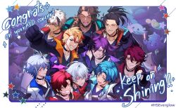  6+boys ahoge altventurer_(regis_altare) antenna_hair aqua_eyes axel_syrios axelotl_(axel_syrios) banzoin_hakka beard_stubble beckoning belt bettelion_(gavis_bettel) bird black_choker black_gloves black_hair black_hands black_jacket black_shirt black_tank_top blonde_hair blue_border blue_collar blue_eyes blue_hair blue_hands border braid brown_collar brown_hair bubby_(goldbullet) chest_belt choker clenched_hand closed_eyes collar colored_extremities congratulations creature crimzon_ruze dark-skinned_male dark_skin earrings english_text everyone facial_hair finger_gun finger_heart fingerless_gloves fish gavis_bettel gloves glowstick goldbullet green_collar green_eyes grin hakkito_(banzoin_hakka) hands_on_another&#039;s_shoulders heterochromia highres holding holding_glowstick holostars holostars_english holostars_english_idol_uniform idol_clothes jacket jewelry josuiji_shinri jurard_t_rexford koipanion_(josuiji_shinri) long_hair machina_x_flayon machiroon_(machina_x_flayon) magmite_(magni_dezmond) male_focus mono_(bluesky) multicolored_hair multiple_boys multiple_braids octavio one_eye_closed orange_collar outstretched_hand partially_fingerless_gloves penlight_(glowstick) phantom_(gavis_bettel) pink_collar pink_eyes pink_hair pointing pointing_at_viewer ponytail poppet_(octavio) purple_collar purple_hair raised_fist red_collar red_eyes red_gloves red_hair red_streaks regis_altare ruzader_(crimzon_ruze) shirt short_hair side_braid single_braid sleeveless sleeveless_shirt smile sorawrity_(jurard_t_rexford) star_(symbol) streaked_hair stubble sweat tank_top tri_braids two-sided_gloves two-tone_hair upper_body vesties_(noir_vesper) virtual_youtuber white_hair white_jacket white_streaks 
