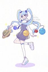  1girl adversarial_noise artist_name asymmetrical_legwear black_eyes bloomers blue_bow blue_hair blunt_bangs blush_stickers bow commentary_request earclip full_body futate_eru grey_skirt grey_vest hair_bow highres kimi_no_koto_ga_dai_dai_dai_dai_daisuki_na_100-nin_no_kanojo long_sleeves looking_at_viewer plaid_clothes plaid_skirt planet pleated_skirt sasarasa shirt shoes simple_background single_bare_leg single_sock single_thighhigh skirt smile socks solo sparkle standing standing_on_one_leg thigh-highs twintails twitter_username uneven_legwear vest watermark white_background white_shirt white_shoes white_socks white_thighhighs zettai_ryouiki 