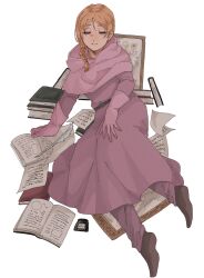  1girl blonde_hair book braid brown_shoes capelet chi.:_chikyuu_no_undou_ni_tsuite closed_eyes dress full_body gloves hair_between_eyes hair_over_shoulder hand_on_lap highres hood hood_down hooded_capelet inkwell jolenta light_smile long_dress long_hair open_book parted_lips picture_frame pink_capelet pink_dress pink_gloves quill shoes single_braid solo wasadi white_background 