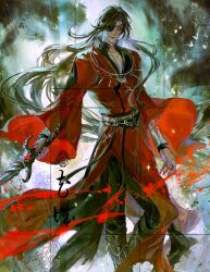  1boy aura baku_ten221 beads belt bishounen black_belt black_boots black_hair black_nails black_pants blood blood_spray boots bracelet braid bug butterfly butterfly_necklace chinese_clothes chinese_text closed_mouth colored_smoke e-ming_scimitar eyepatch fighting_stance floating_hair footwear_ornament glowing glowing_eye hair_beads hair_ornament hair_ribbon hanfu highres holding holding_sword holding_weapon hua_cheng jewelry long_hair long_sleeves looking_at_viewer male_focus mandarin_collar multiple_belts nail_polish necklace one_eye_covered pants pectoral_cleavage pectorals pointy_ears red_eyes red_hanfu ribbon ribbon_braid robe sample_watermark scimitar side_braid silver_belt silver_bracelet silver_necklace single_braid smile smoke solo standing sword tianguan_cifu very_long_hair watermark weapon white_butterfly wide_sleeves 