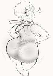 absurdres ass bandana bandana_around_neck blush bracelet breasts bulma clearsky_(skynow) dragon_ball dragon_ball_z dress earrings from_above from_behind hands_on_own_hips highres huge_ass human human_only jewelry large_breasts looking_at_viewer looking_back short_dress short_hair simple_background smile tight_clothes tight_dress unfinished white_background