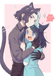  !? 1boy 1girl @_@ amethio_(pokemon) animal_ears black_hair black_pants black_tail blue_eyes blue_hair blue_jacket blush border cat_boy cat_ears cat_tail closed_mouth collared_shirt colored_inner_hair couple embarrassed full-face_blush grey_hair grey_shirt height_difference hetero highres hood hood_down hooded_jacket hug jacket kemonomimi_mode liko_(pokemon) long_sleeves multicolored_hair oka_3776 outside_border pants pink_background pokemon pokemon_(anime) pokemon_horizons shirt tail two-tone_hair violet_eyes white_border wing_collar 