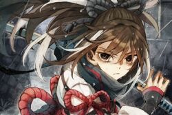  1girl black_eyes black_scarf brown_eyes brown_hair fate/grand_order fate_(series) haori highres holding holding_sword holding_weapon iaidou japanese_clothes katana kawakami_gensai_(fate) long_hair looking_at_viewer multicolored_hair natori_re ponytail scarf solo streaked_hair sword two-tone_hair weapon white_hair white_haori 