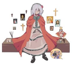  2girls absurdres angel bandage_over_one_eye black_shoes black_socks blonde_hair bow bowtie camera candle cape chibi chibi_inset cross dress flower frilled_dress frills green_bow green_bowtie grey_hair grimlisp hair_flower hair_ornament headdress highres holding holding_camera iesua_nazarenus incense jesus long_hair michel_sant&#039;angelo multiple_girls painting_(object) red_cape red_eyes red_flower red_rose rose shoes sitting socks the_last_comer touhou white_background white_dress 