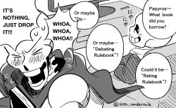  2025 2boys 2d absurdres alternate_language armor artist_name blush book brothers cape closed_eyes couch digital_media duo embarrassed flying_sweatdrops grin hatching_(texture) highres holding holding_book hollow_eyes hood hood_down hooded_jacket humanoid jacket male male_focus male_only monochrome monster monster_boy multiple_boys papyrus_(undertale) sans_(undertale) siblings simple_background skeleton smile soto_undertale speech_bubble sweat teeth television text twitter_username undead undertale utdr_(toby_fox) white_background 